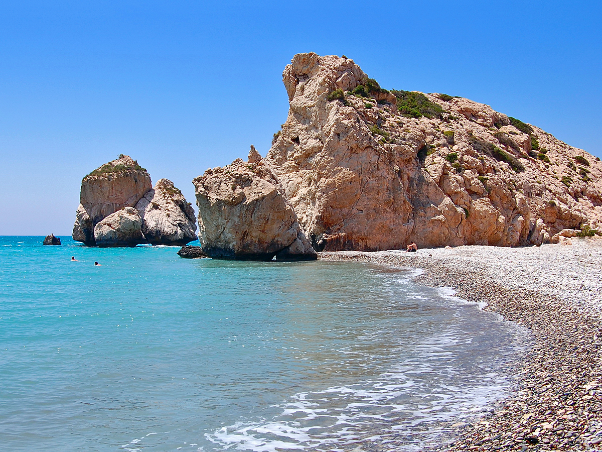 The rock formations at Petra tou Romiou, seen from the shore