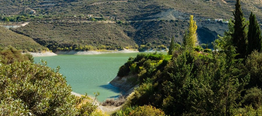 Germasogeia reservoir and forested slopes viewed from the Kyparissia area