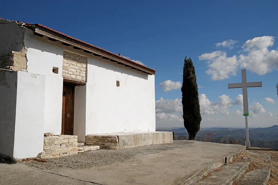Hilltop Sotira chapel with cross above Pano Lefkara