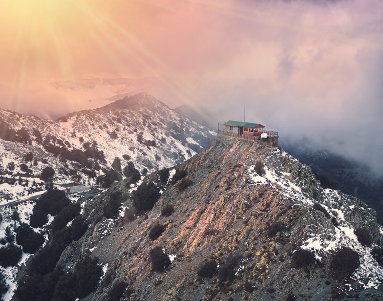 Madari fire lookout station on its snow-dusted Cyprus ridge in January