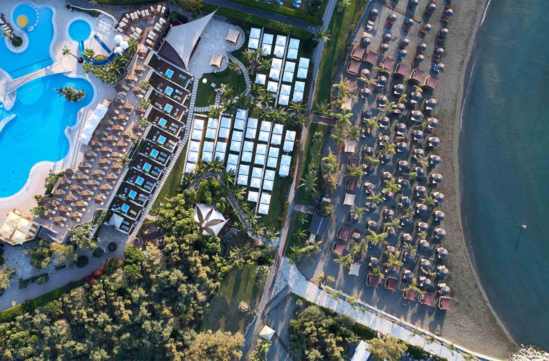 Aerial view of the beach and pools at Four Seasons Hotel in Limassol